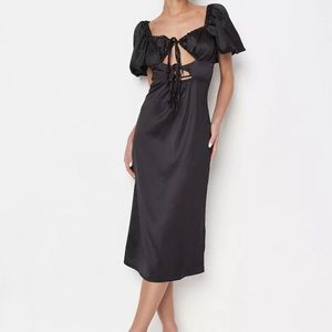 Black Satin Tie Front Puff Sleeve Midi
Dress